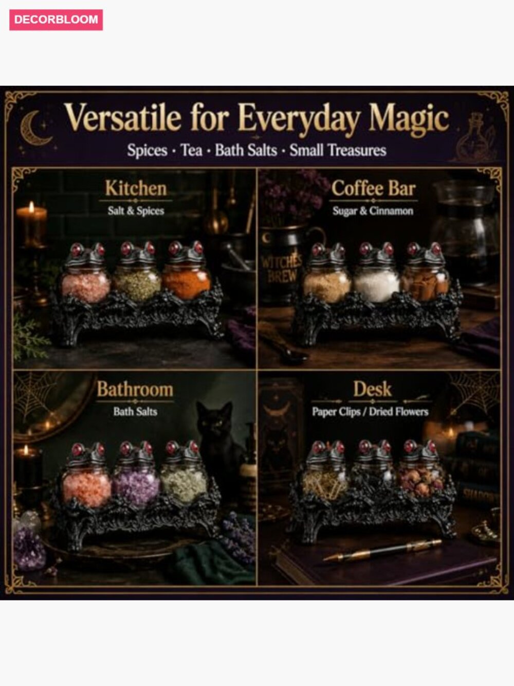 Gothic Spice Jars Set with Frog Lids & Stand - Picture 6 of 7